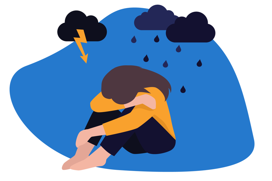 Ilustração de uma mulher sentada, com a cabeça entre as pernas, e nuvens com raios acima dela (indicando tristeza e mau humor).